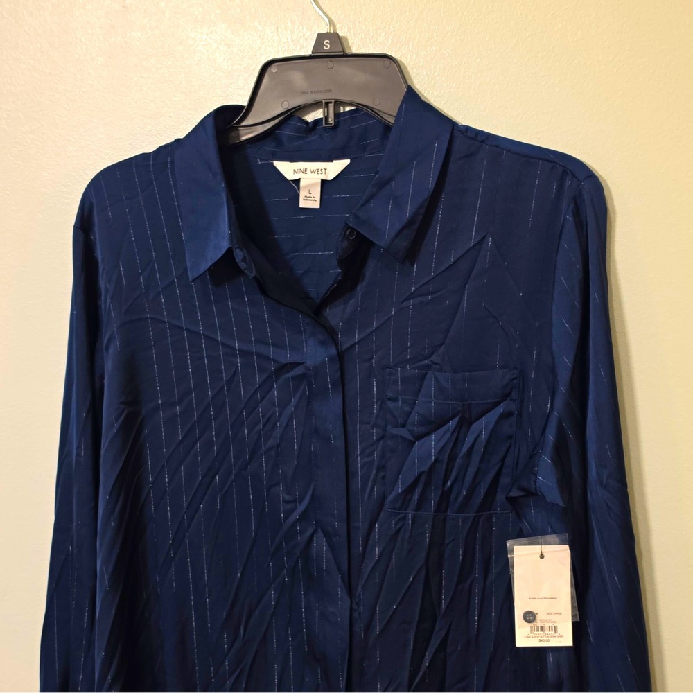 Nine West Blue Striped Collared Button-Up Long Sleeve Shirt Size L #192